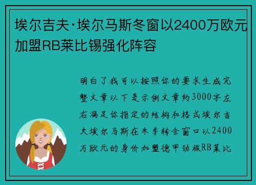 埃尔吉夫·埃尔马斯冬窗以2400万欧元加盟RB莱比锡强化阵容
