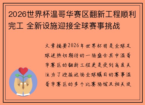 2026世界杯温哥华赛区翻新工程顺利完工 全新设施迎接全球赛事挑战
